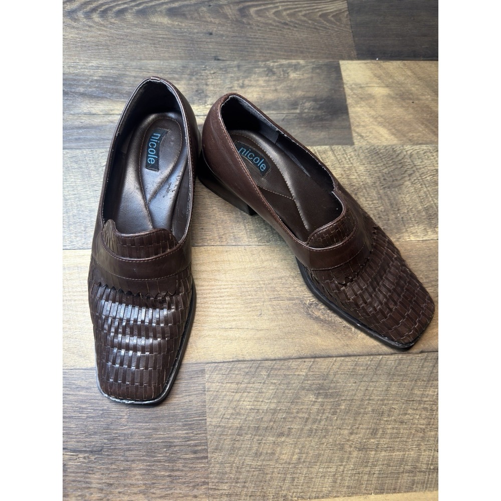 Nicole Slip-on Shoes Women's Size 9M Brown Leather Woven Square Toe Brazil